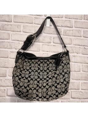 Coach Signature Black Patent Trim Large Hobo Shoulder Handbag Purse